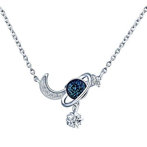 MicVivien Kette Damen 925 Silber Zirkonia Blau Planet Mond Sterne Ketten mit Anhänger Elegant Halskette für Frauen Mädchen, 17" Verstellbare Kette von MicVivien