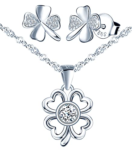 MicVivien Kleeblatt Schmuckset Damen Silber 925 Kleeblatt Halskette Ohrringe Set - Zirkonia Kleeblatt Kette und Ohrstecker Schmuck Set für Mama Oma Frauen Freundin von MicVivien