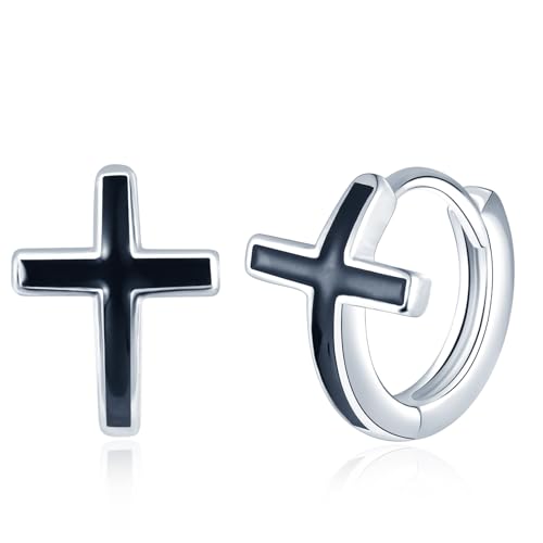 MicVivien Kreuz Ohrringe Herren 925 Sterling Silber Creolen Damen Schwarz Kreuz aus Emaille Huggie Creolen Ohrringe Klein Creolen Schläferohrringe Schmuck für Frauen Männer Damen von MicVivien