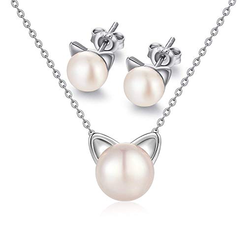 MicVivien Perle Katze Ohrringe Silber Katze Perlenohrringe Damen Silber Kette Geschenk Set | 45cm Halskette 925 Sterling | Frauen Schmuck Anhänger von MicVivien