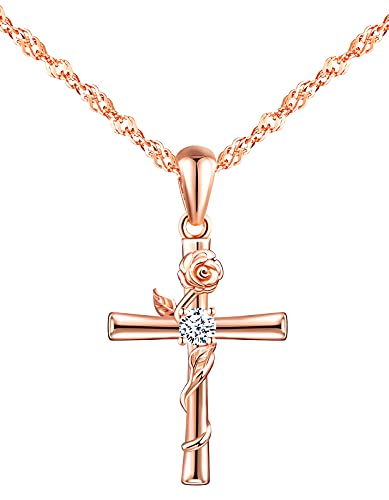 MicVivien Rose Kreuz Ohrringe Halskette Schmuckset in 925 Sterling Silber für Frauen Mädchen, Blumen Kreuz Anhänger mit Kette 45cm, Blumen Kreuz Ohrstecker Roségold Damen Schmuck von MicVivien