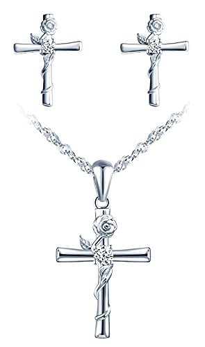 MicVivien Schmuckset Rose Kreuz Ohrringe Halskette Set in 925 Sterling Silber für Frauen Mädchen, Blumen Kreuz Anhänger mit Kette 45cm, Blumen Kreuz Ohrstecker Silber Damen Schmuck von MicVivien