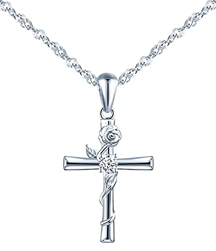 MicVivien Schmuckset Rose Kreuz Ohrringe Halskette Set in 925 Sterling Silber für Frauen Mädchen, Blumen Kreuz Anhänger mit Kette 45cm, Blumen Kreuz Ohrstecker Silber Damen Schmuck von MicVivien