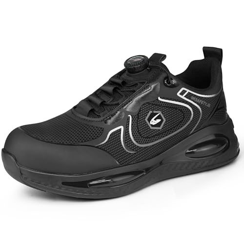 Micanlo Herren Sicherheitsschuhe ohne Schnürsenkel, mit Drehknopf, pannensicher, rutschfeste Sohle, Stahlkappen, leicht und bequem (Erwachsene, Herren, 44, Numerisch, EU Schuhgrößensystem, M) von Micanlo