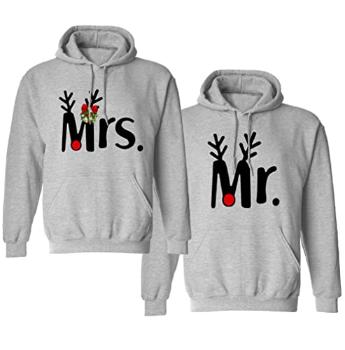 Micaxili Hoodie Pullover King und Queen Weihnachten Geschenk Mr Mrs Rentier Weihnachtspaar Kapuzenpullover Pärchen Partner Sweatshirt für Ihn und Sie 1 Stück(Grau-MR,L) von Micaxili