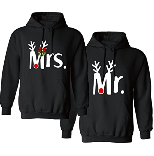 Micaxili Hoodie Pullover King und Queen Weihnachten Geschenk Mr Mrs Rentier Weihnachtspaar Kapuzenpullover Pärchen Partner Sweatshirt für Ihn und Sie 1 Stück(Schwarz-MR,M) von Micaxili