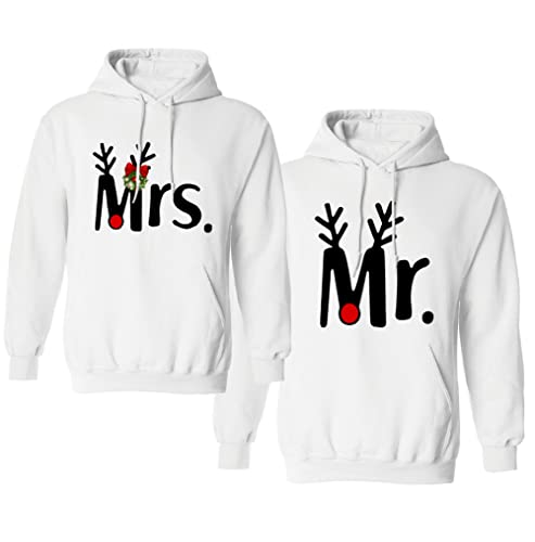 Micaxili Hoodie Pullover King und Queen Weihnachten Geschenk Mr Mrs Rentier Weihnachtspaar Kapuzenpullover Pärchen Partner Sweatshirt für Ihn und Sie 1 Stück(Weiß-MRS,L) von Micaxili