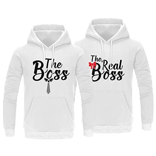 Micaxili King Queen Pullover Hoodie für Pärchen Partner Valentinstag The Boss The Real Boss Kapuzenpullover für Pärchen Seine & Ihr Hoodie für Pärchen Geburtstage 1 Stück(Weiß-Damen,S) von Micaxili