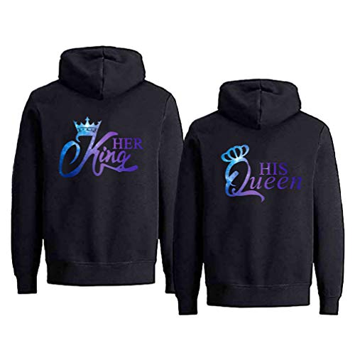 Micaxili Pärchen Pullover King Queen Pullover Sweatshirt Partnerlook Geschenk für Paar Hoodie Herren Damen Kapuzenpullover 1 Stück(Sky-Schwarz-Queen,S) von Micaxili