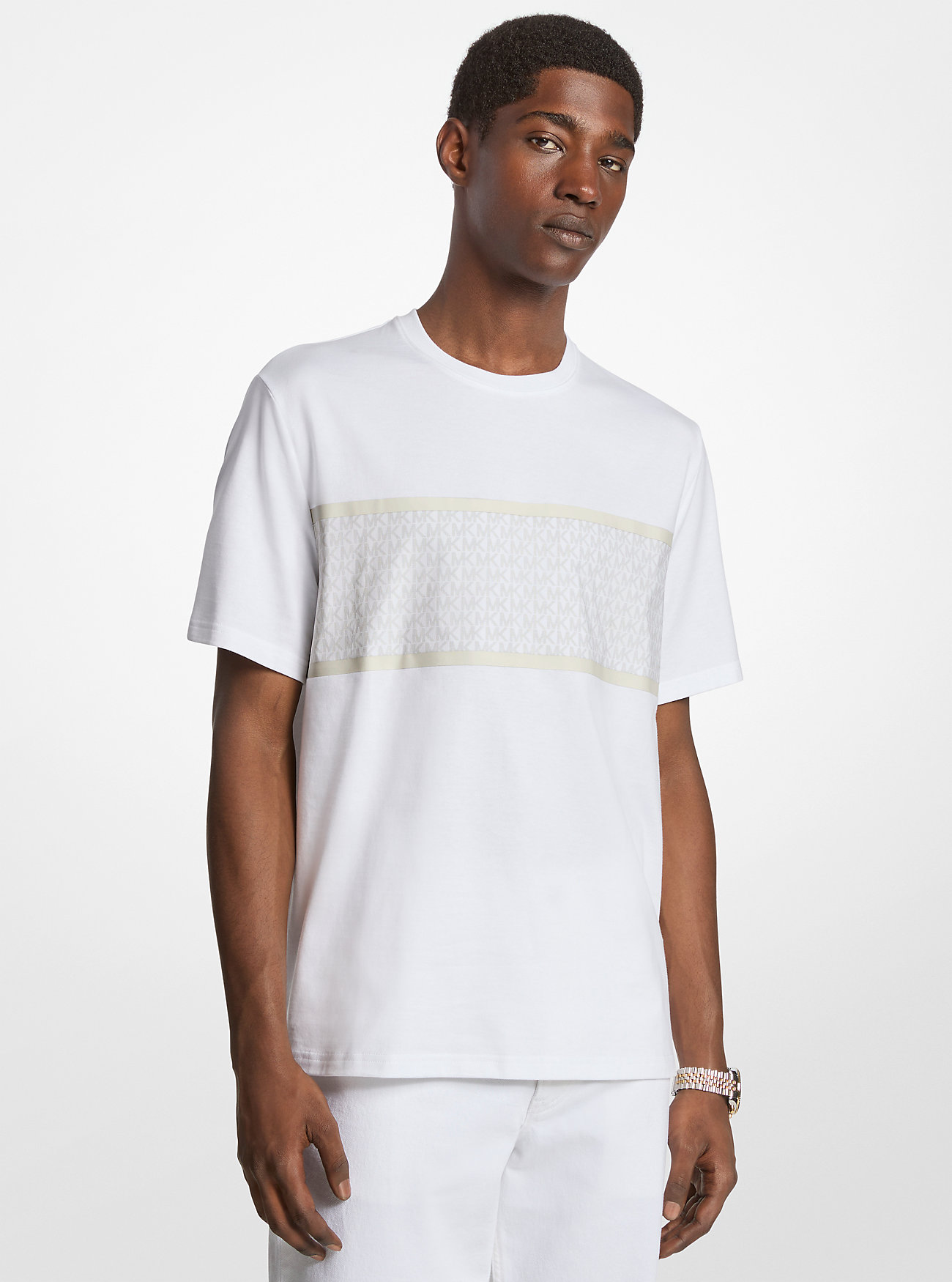MK Gestreiftes T-Shirt Aus Baumwolle Mit Signature-Logo - Weiss - Michael Kors von Michael Kors Mens
