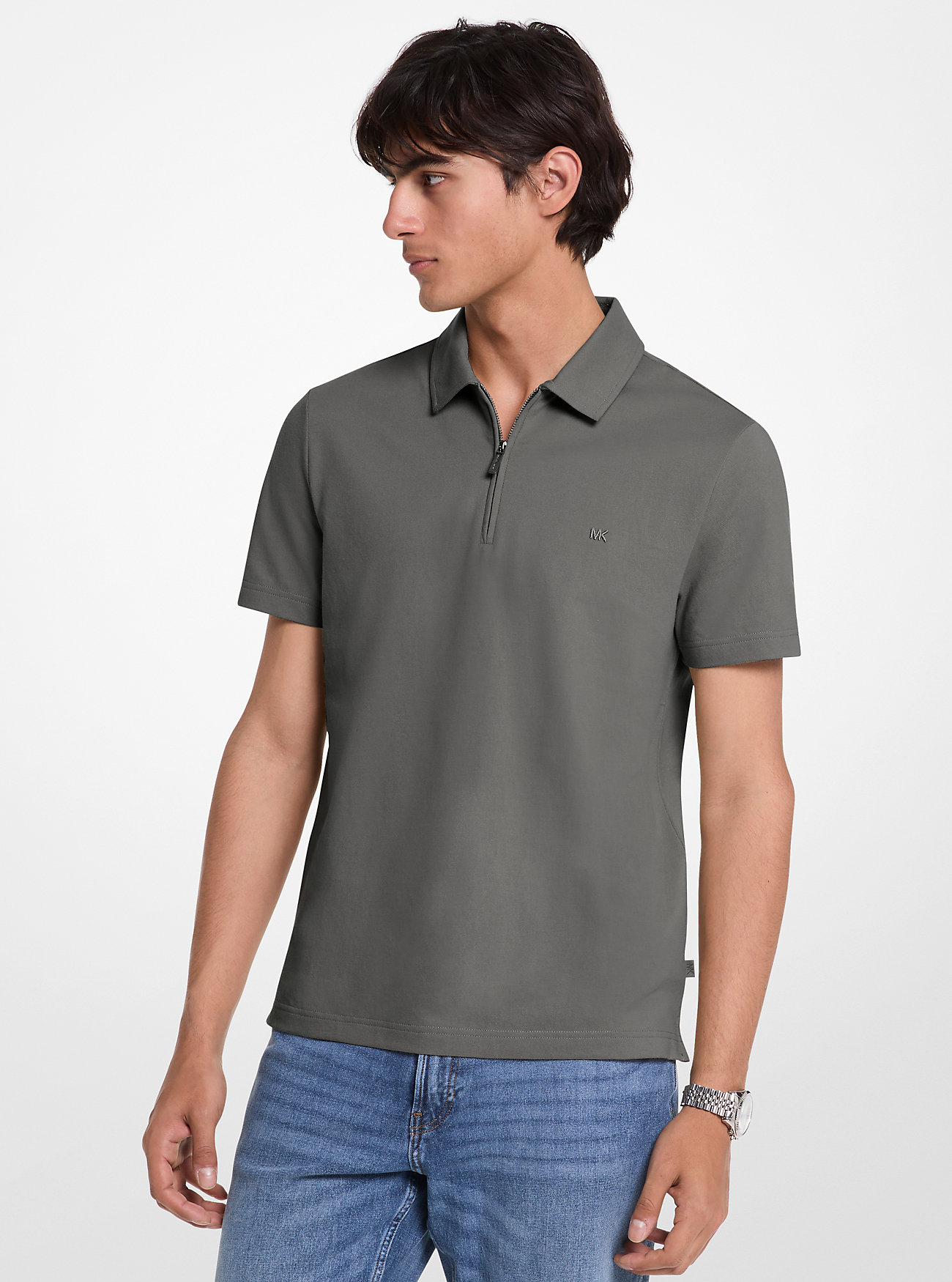 MK Piqué-Poloshirt Aus Baumwollmischung Mit Reißverschluss - Grau - Michael Kors von Michael Kors Mens