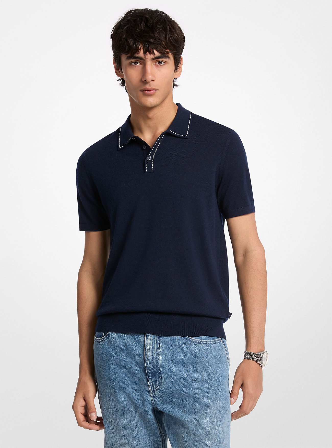 MK Poloshirt Aus Wolle Mit Kontrastnähten - Blau - Michael Kors von Michael Kors Mens