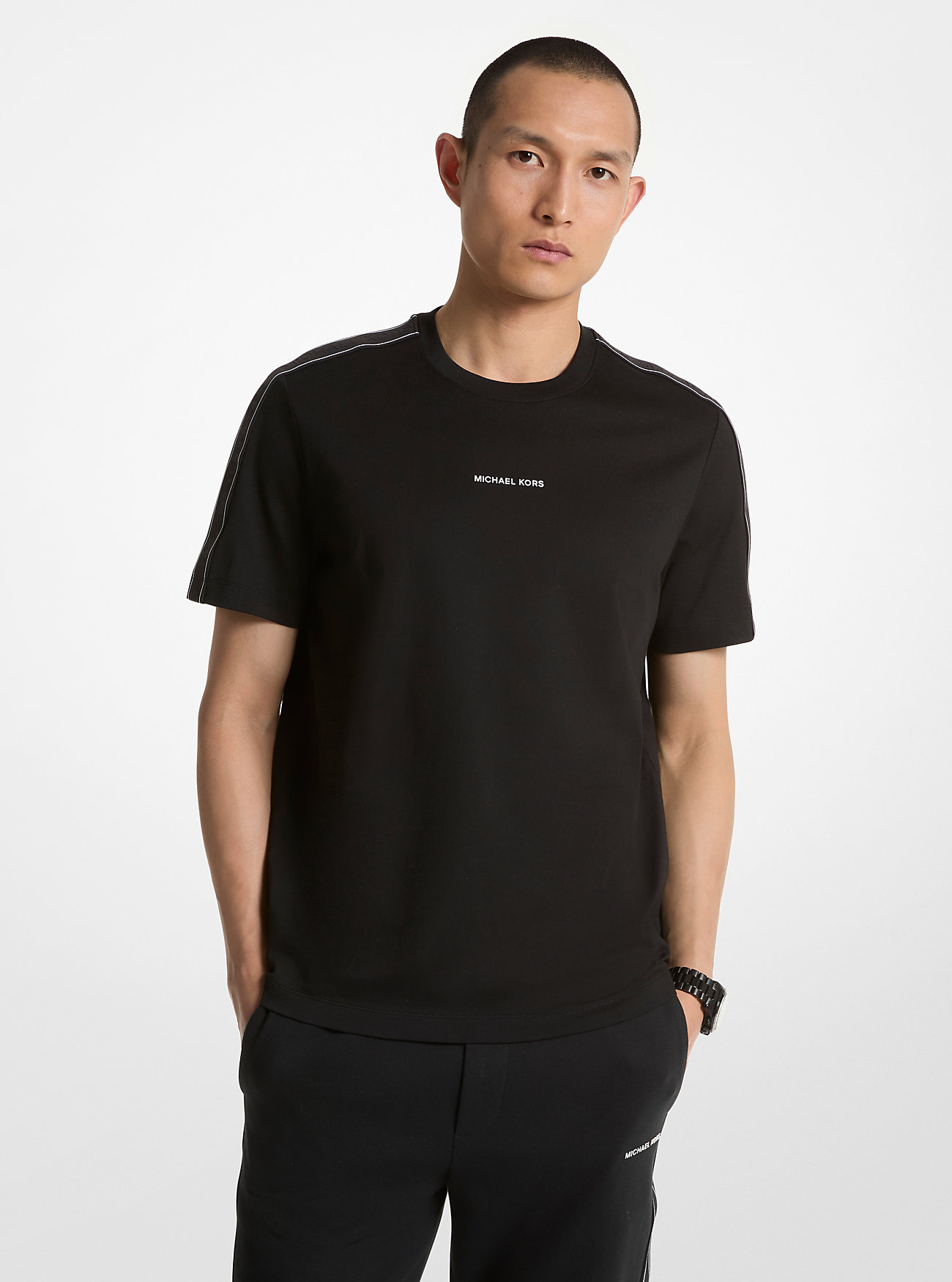 MK T-Shirt Aus Baumwolle Mit Logostreifen - Schwarz - Michael Kors von Michael Kors Mens