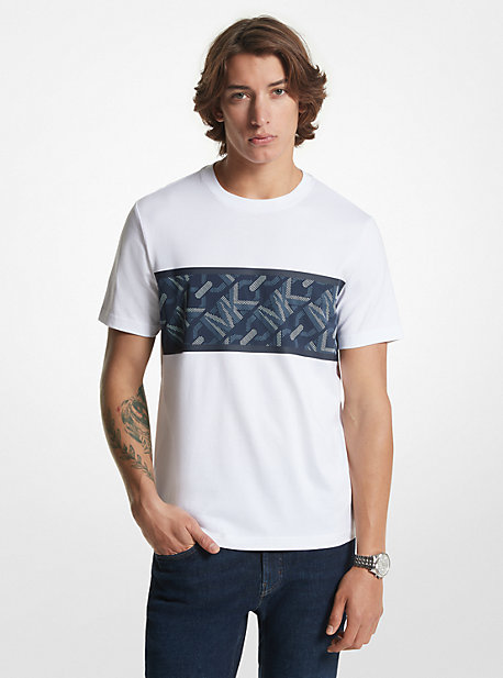 MK T-Shirt Aus Baumwolle Mit Streifen Und Empire Signature-Logomuster - Weiss - Michael Kors von Michael Kors Mens