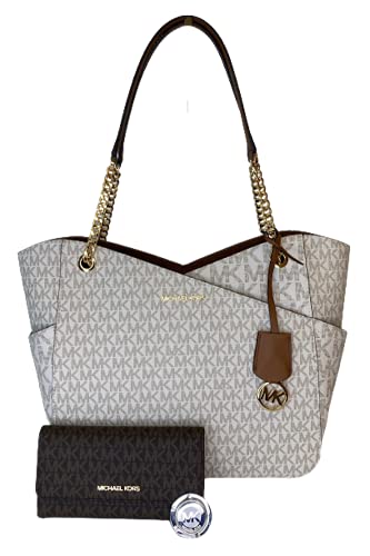 MICHAEL Michael Kors Jet Set Travel Large Chain Shoulder Tote bundled with Jet Set Travel Trifold Wallet and Michael Kors Purse Hook (2021 Signature MK Vanilla/Brown) von Michael Kors