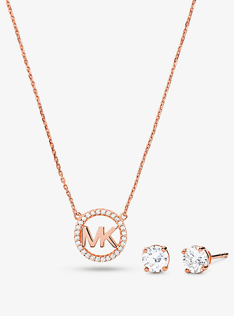 MK Halskette Mit Pavé-Logoanhänger Und Ohrstecker Aus Sterlingsilber Mit 14-Karätiger Rosé-Goldbeschichtung Im Set - Rosé-Goldton - Michael Kors von Michael Kors