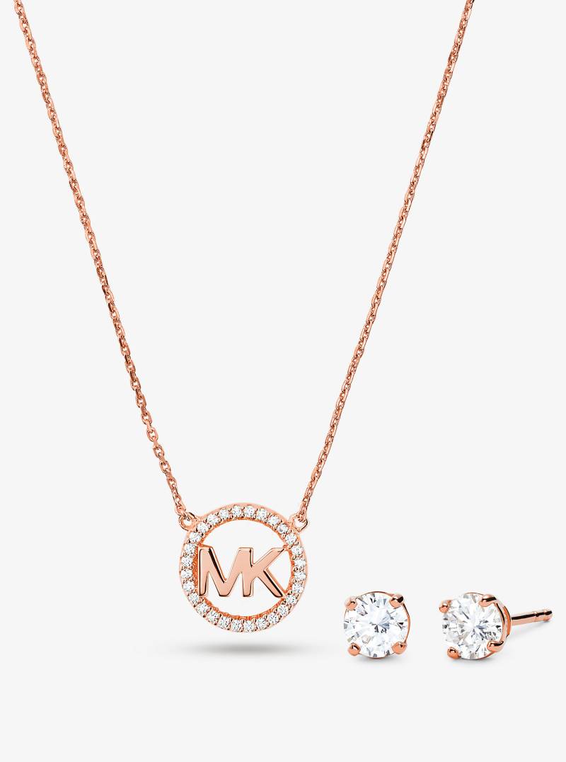 MK Halskette Mit Pavé-Logoanhänger Und Ohrstecker Aus Sterlingsilber Mit 14-Karätiger Rosé-Goldbeschichtung Im Set - Rosé-Goldton - Michael Kors von Michael Kors