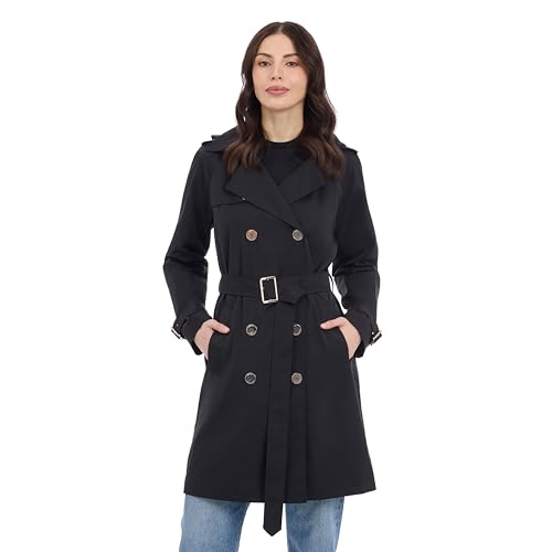 Michael Kors Damen Double Button Trench Coat with Belt and Detachable Hood Trenchcoat, Schwarz, L von Michael Kors