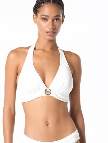 Michael Kors Damen Solid Logo Ring Halter Top Bikini, Weiss/opulenter Garten, Large von Michael Kors