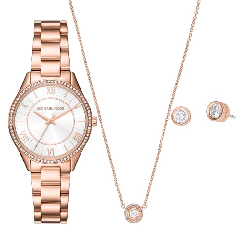 Michael Kors Lauryn Damen Dreizeiger Rose Gold Ton Edelstahl Armband Uhr, Ohrringe und Halskette Geschenkset (Modell: MK4850SET), Rotgold von Michael Kors