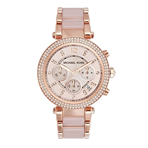 Michael Kors MK5896 Parker Chronograph Uhr Damenuhr Edelstahl 100m Analog Chrono Datum rosé Puder Zirkonia weiß von Michael Kors