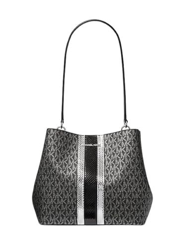 Michael Kors Pratt Medium Signature Logo Umhängetasche, Schwarze Metallic-Streifen, Medium von Michael Kors