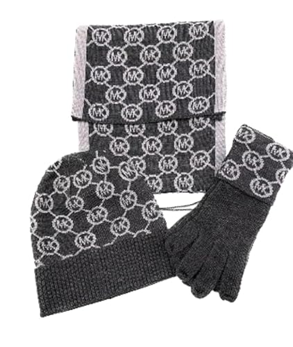 Michael Kors SET I Schal/Mütze/Handschuhe I Hat/Scarf/Gloves I Weiche Acrylwolle I Logo I Goldener Geschenkkarton I Grau-Weiß 0857 von Michael Kors