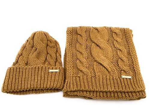Michael Kors SET Schal&Mütze I Zopfmuster I Winterschal I Beanie I Wollschal I Wintermütze I One Size I Weiche Acrylwolle I Logo I Goldener Geschenkkarton (BRAUN) von Michael Kors