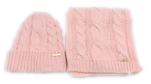 Michael Kors SET Schal&Mütze I Zopfmuster I Winterschal I Beanie I Wollschal I Wintermütze I One Size I Weiche Acrylwolle I Michael Kors Logo I Goldener Geschenkkarton (ROSÉ) von Michael Kors