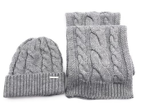 Michael Kors SET Schal&Mütze I Zopfmuster I Winterschal I Beanie I Wollschal I Wintermütze I One Size I Weiche Acrylwolle I Logo I Goldener Geschenkkarton I GRAU 9042 von Michael Kors