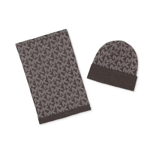 Michael Kors Schal & Mütze SET I Winterschal I Beanie I Wollschal I Wintermütze I One Size I Weiche Acrylwolle I Logo I Grau-Schwarz Metallic I Geschenkkarton 8824 von Michael Kors