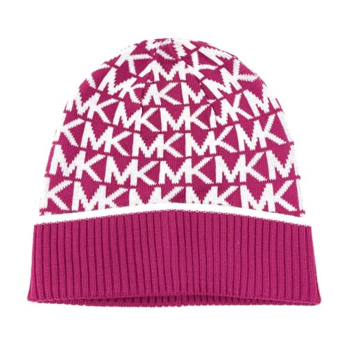 Michael Michael Kors Damen Mütze Bordered MK Logo Cuff Beanie, Deep Fuchisa Cream, Einheitsgröße von Michael Kors