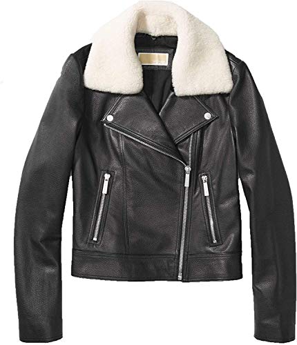 Michael Michael Kors Schwarze Lederjacke mit Lammfellkragen, schwarz, X-Small von Michael Kors