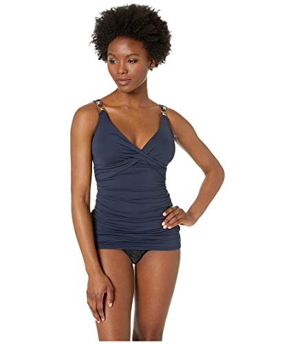 Michael Michael Kors Women's Over The Shoulder Twist Tankini Top with Chain Trim and Removable Soft Cups New Navy Medium von MICHAEL Michael Kors