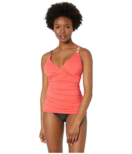 Michael Michael Kors Women's Over The Shoulder Twist Tankini Top with Chain Trim and Removable Soft Cups Sea Coral Small von MICHAEL Michael Kors