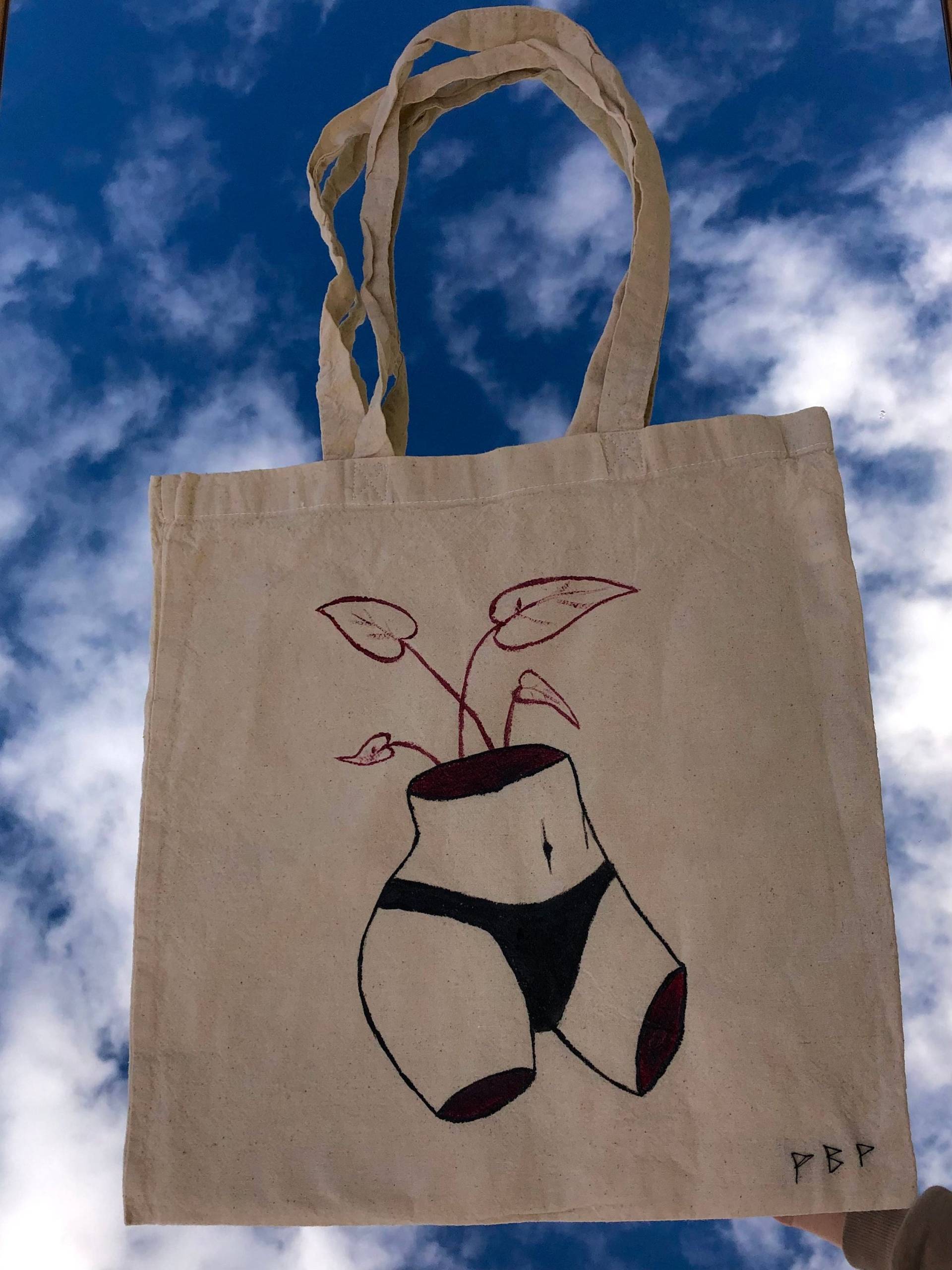 Handbemalte Stofftasche, Frauenkörper, Pflanze, Einkaufstasche, Tragetasche, Minimalistisch, Jutebeutel, Baumwolle, Skulptur, Unterkörper von MichaelasArtPrints