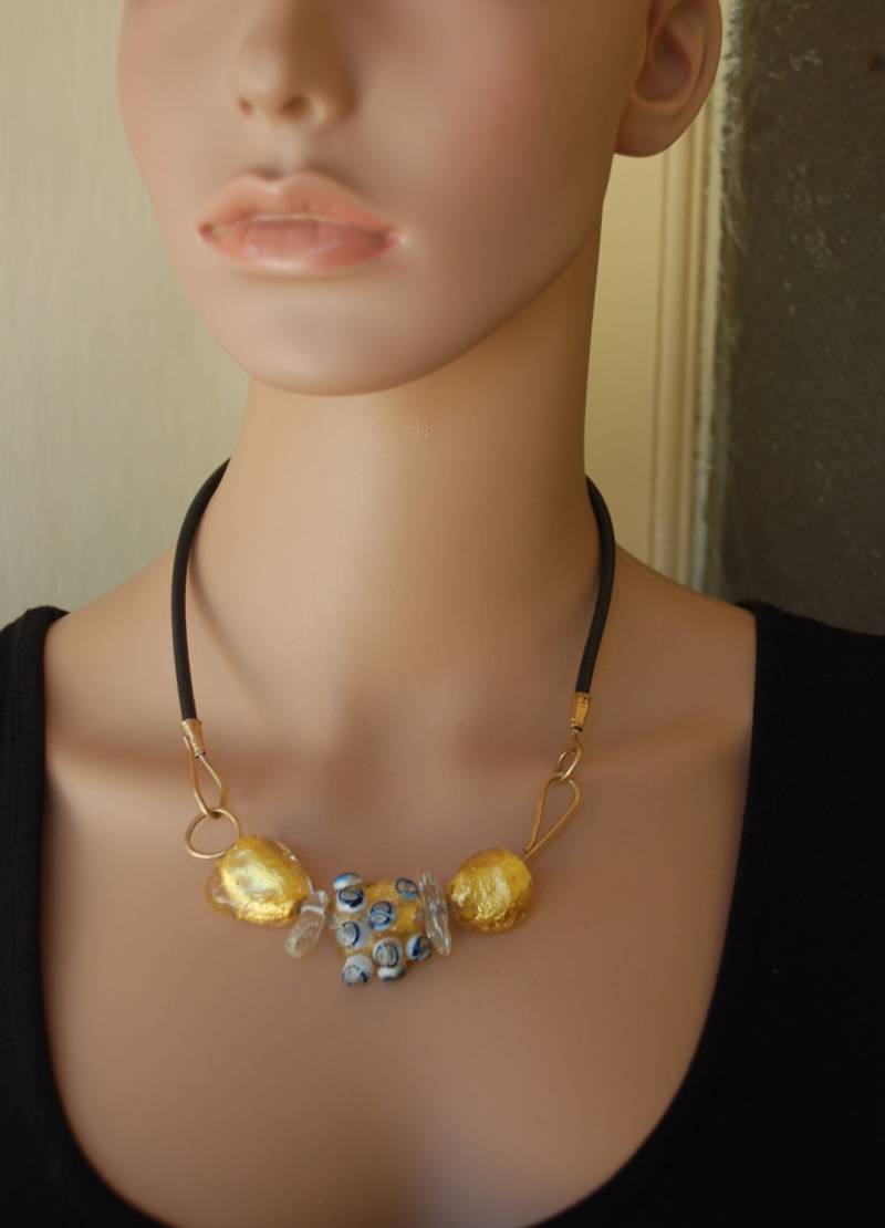 Schwarze Lederkette, Boho Halskette, Murano Glas Perlen Handwerker Schmuck Schwarze Lederkette, Boho Halskette, Murano Glas Perlen Handwerker Schmuck von MichalGamlieli