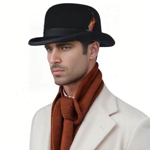 Michear Harter Filz Bowler Hut Wolle Bowler Hut mit Feder Satin gefüttert für Mann Frau, Schwarz , One size von Michear