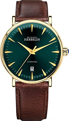 Michel Herbelin 1647/P16BR Herren-Armbanduhr, Automatik, auf braunem Leder, 3 Jahre Garantie, grünes Zifferblatt. von Michel Herbelin