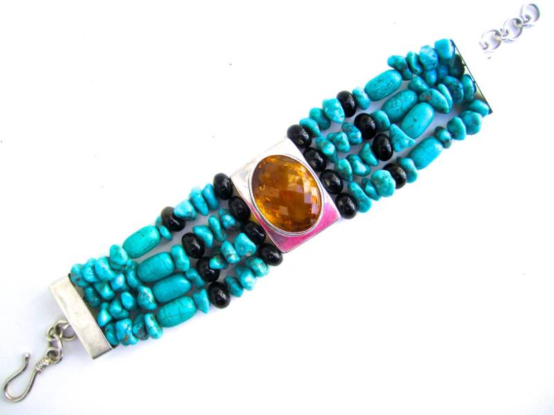 Citrin Türkis Schwarzer Stern Sterling 925 Silber Southwestern Edelstein-Perlen-Armband von MichelleWinstonJewel
