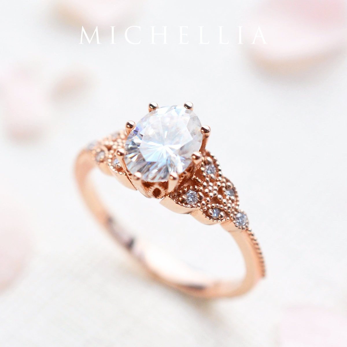 Olivia Moissanit Verlobungsring, Floraler Ovaler Ring, Blatt Ovaler Rosegold Floraler Ring von MichelliaFineJewelry