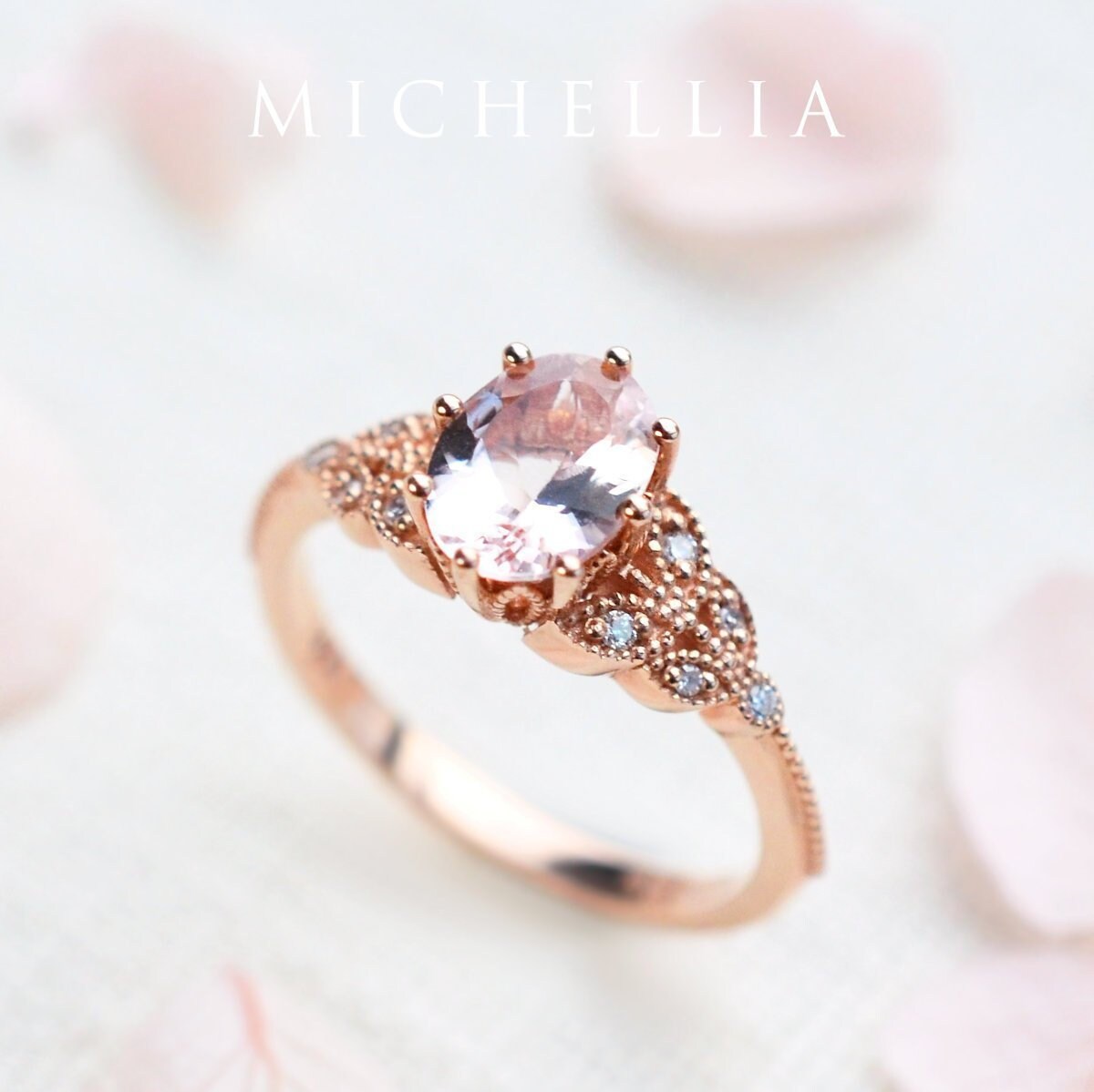 Olivia Morganit Verlobungsring, Floral Ring, Oval Ring Set, Rose Gold Braut Blatt Hochzeit Set von MichelliaFineJewelry