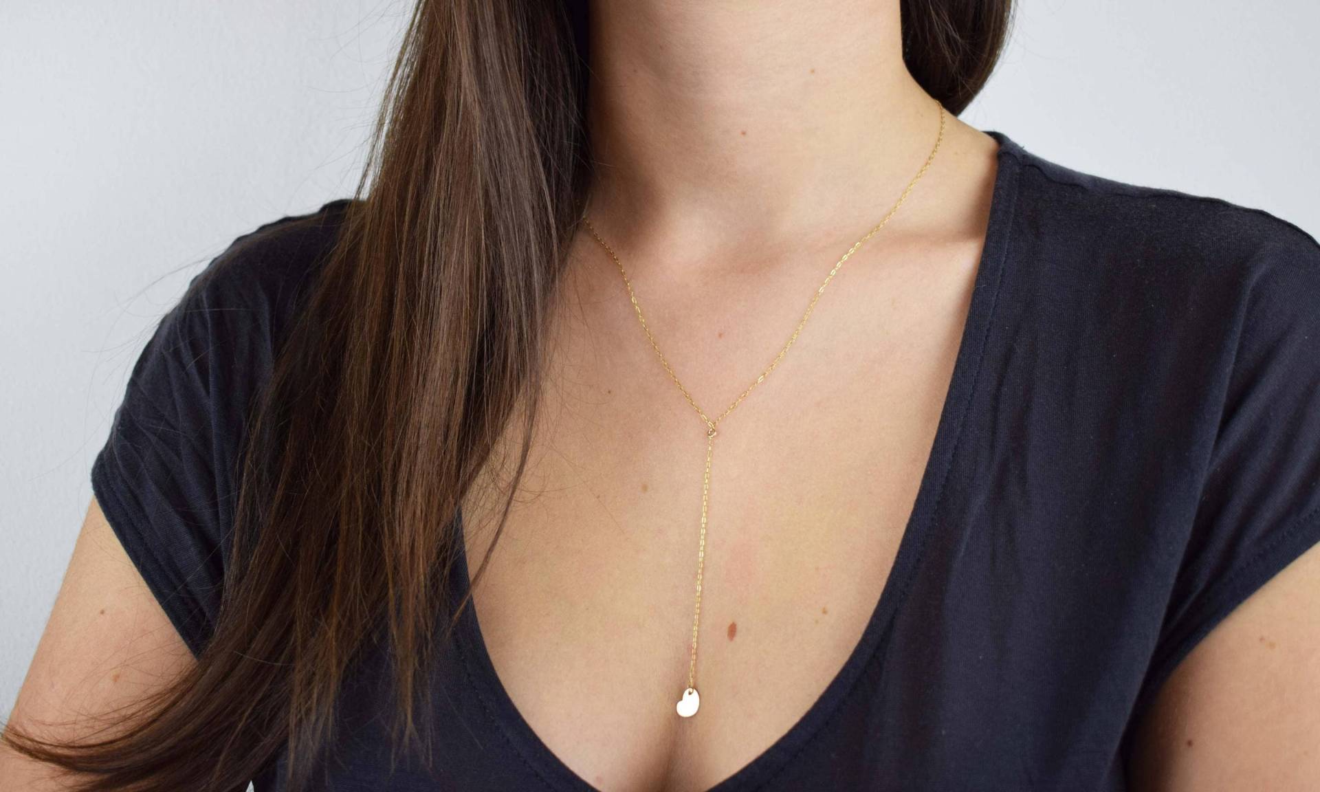 Gold Herz Lariat Halskette, Kleine Anhänger Y Halskette Für Frauen, Einfache Tropfen Valentinstag Geschenk Sie | 14K Gefüllt von MichenoJewelry
