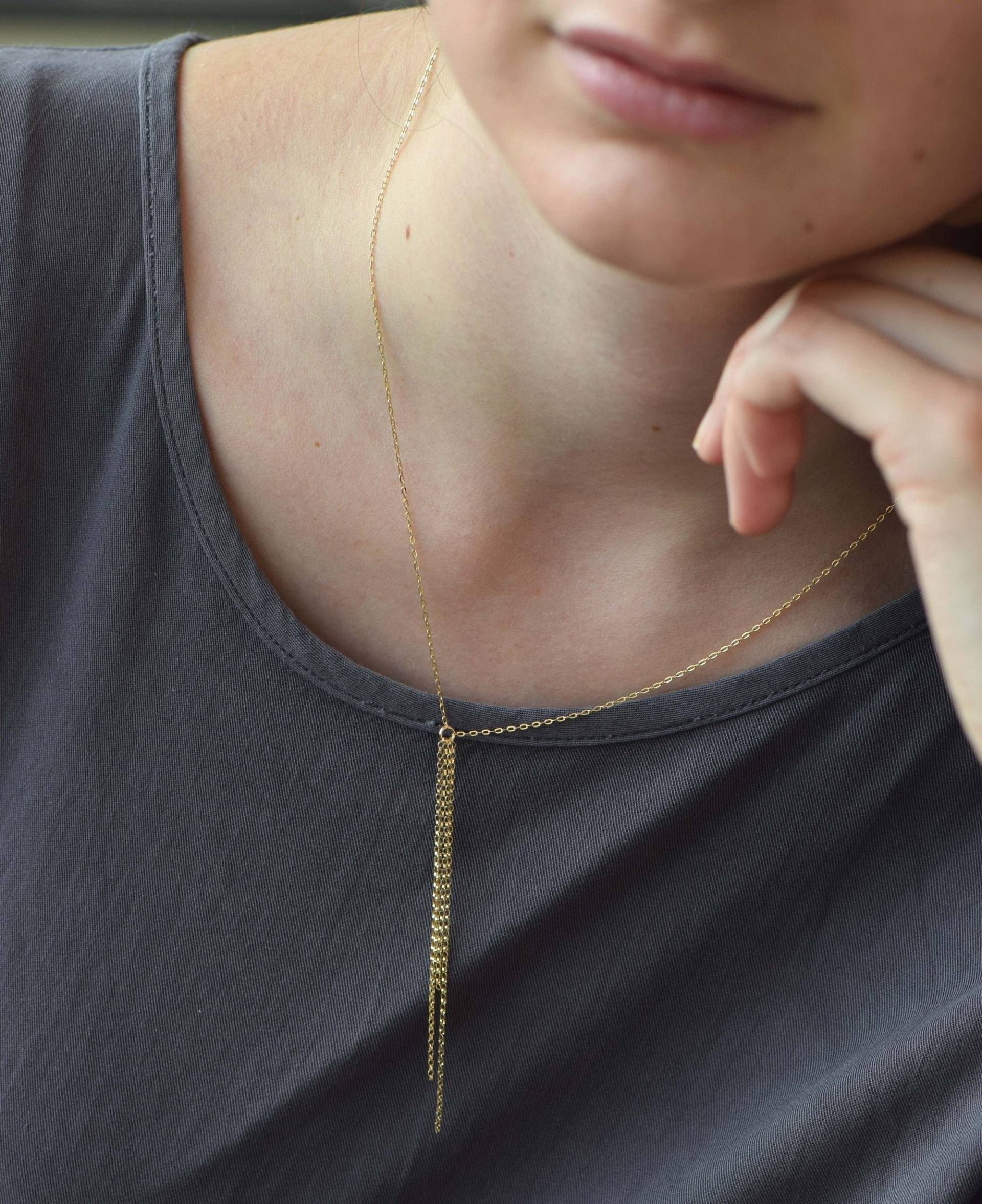 Goldkette Lariat Halskette, Elegante Y Tropfen Halskette Für Frauen, Einzigartige Baumelnde Sie | 14K Gold Gefüllt von MichenoJewelry