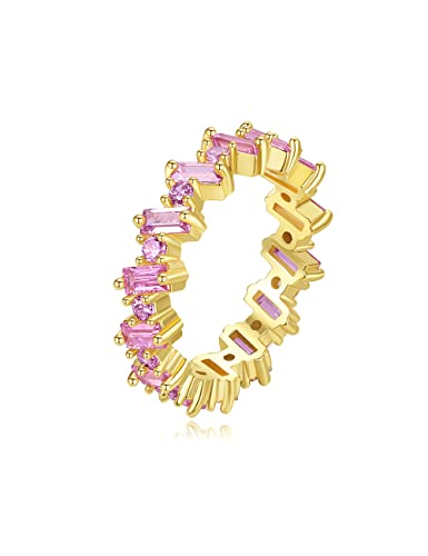 Michooyel 18K Gold Pated Eternity Band Ring Rosa Zirkonia Baguette Statement Ring für Frauen Mädchen von Michooyel