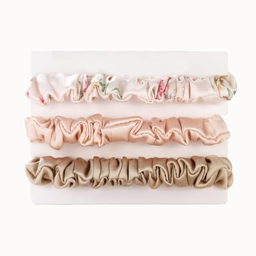 Michooyel 3 Stück Seiden Haargummis Damen 100% reine Maulbeerseide, 1.5MM Mini 16 Momme Seide Haarringe mit Gummiband, Haargummis für Damen Silk Scrunchies von Michooyel