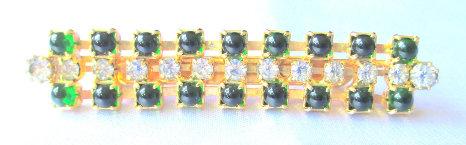 Antike Buch Stück Bar Pin Strass Und Lucite Brosche, Smaragd Farbe Lucite, Klare Strasssteine von MickisVintageJewelry