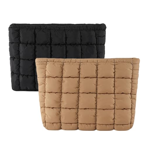 Micmores 2 Pcs Kosmetiktasche Puffer Make Up Tasche Gesteppte Schminktasche, Klein Kulturtasche Damen Skincare Organizer Nylon Reise Kosmetiktasche Kosmetikkoffer für Mädchen (Schwarz+Braun) von Micmores
