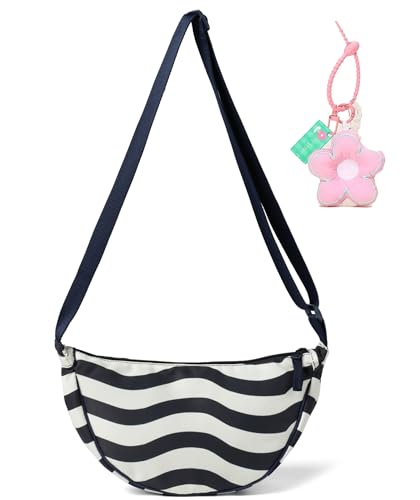 Micmores Crossbody Bag Damen Nylon Umhängetasche Damen Klein– Leichte Halbmondtasche mit regelmäßigem Wellenstreifen-Design, Verstellbarer Schultergurt für Arbeit & Freizeit von Micmores