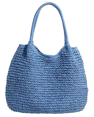 Micmores Strandtasche Strohtasche Damen – Elegante Handtasche Damen Boho Umhängetasche Tote Bag groß Shopper Tasche Geflochtene Taschen Korbtasche für Urlaub Reisen Strand Sommer (Blau) von Micmores